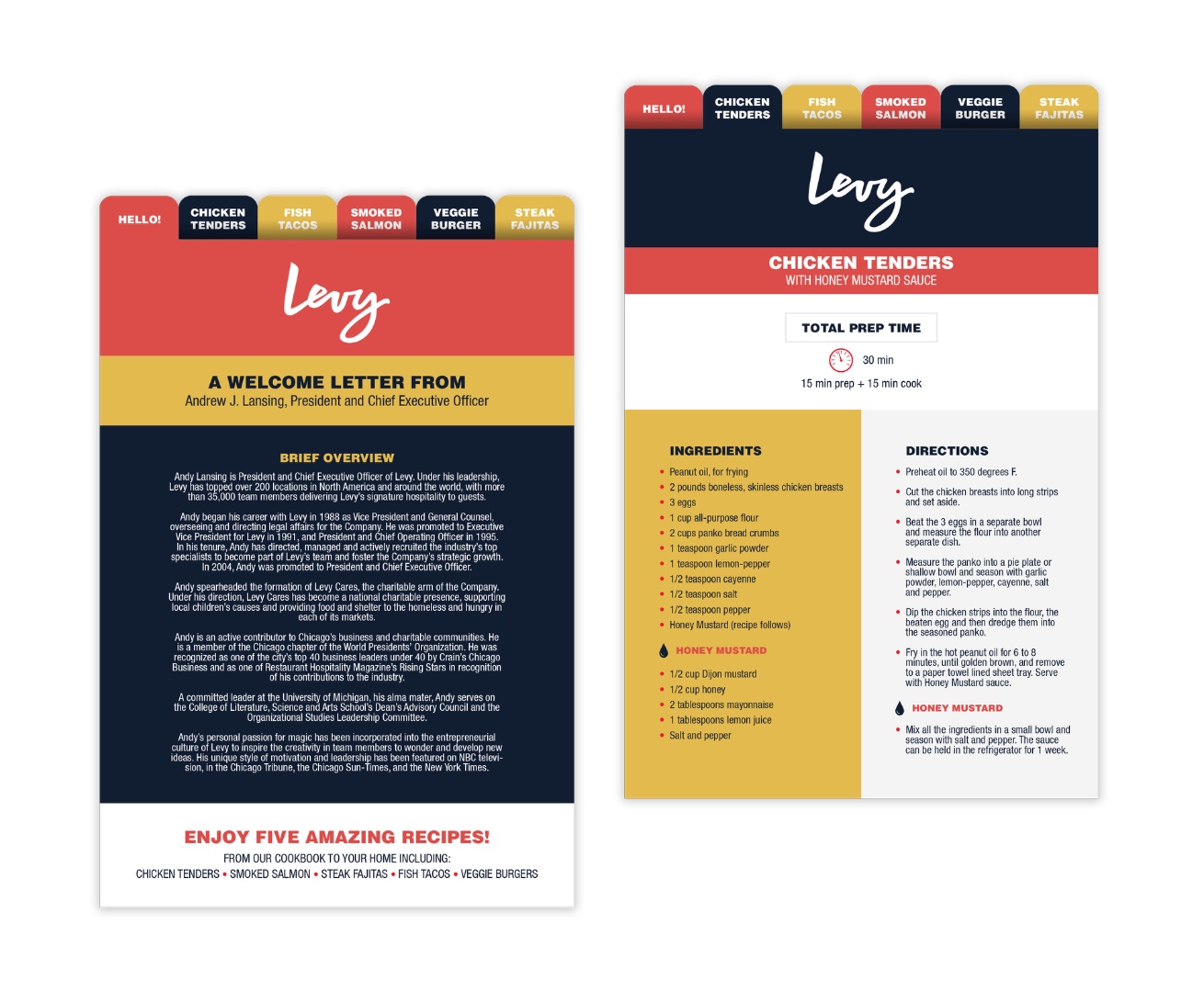 Levy Restaurants branded recipe card set mockup, welcome letter cover and chicken tenders recipe card