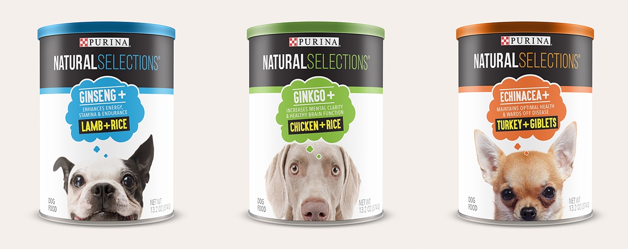 Purina Natural Selections dog food can packaging concept in three flavor variants: ginseng lamb and rice, ginkgo chicken and rice, and echinacea turkey and giblets