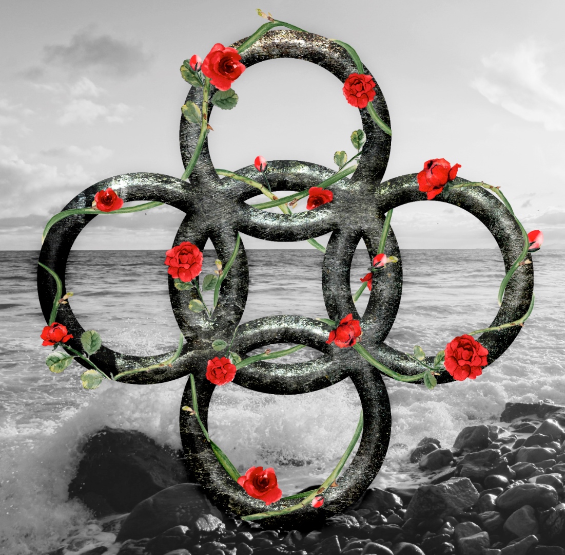 Interlocking ring and rose cover art composited over a black and white beach photo