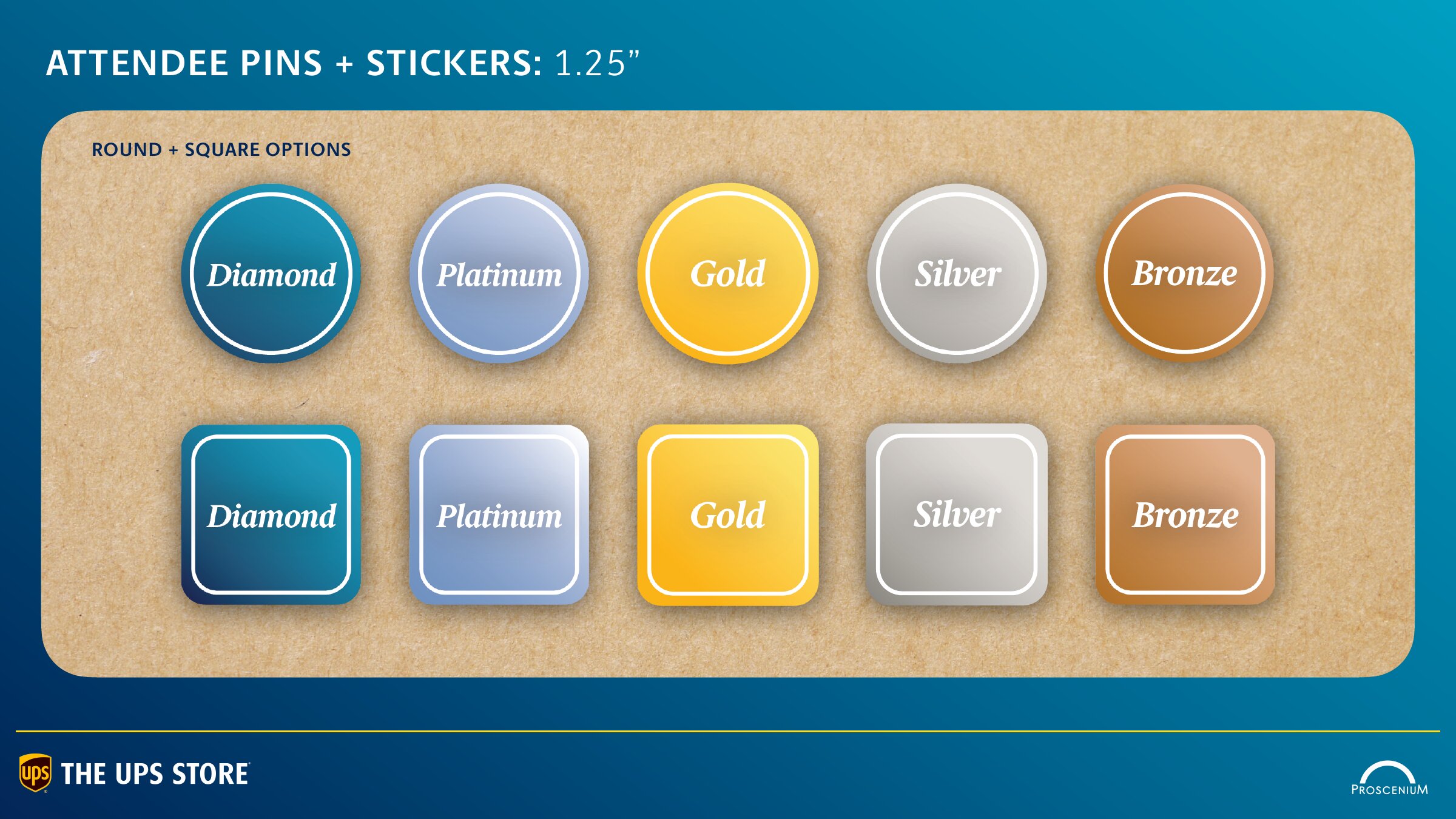 Attendee tier pins in Diamond, Platinum, Gold, Silver, and Bronze, round and square options
