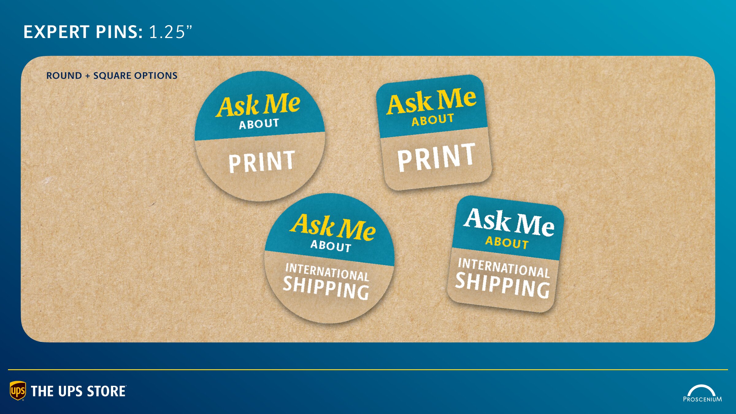 Expert pins: Ask Me About Print and Ask Me About International Shipping, round and square options